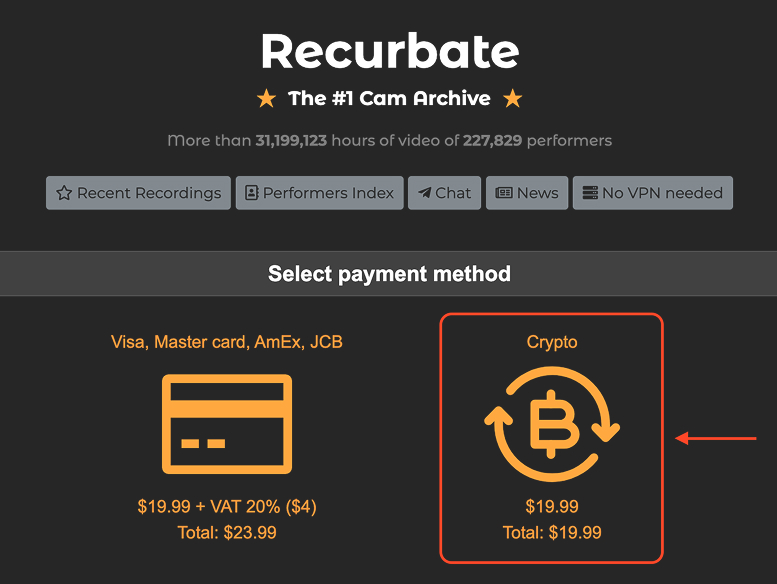 Selecting Crypto as payment method on the payment page